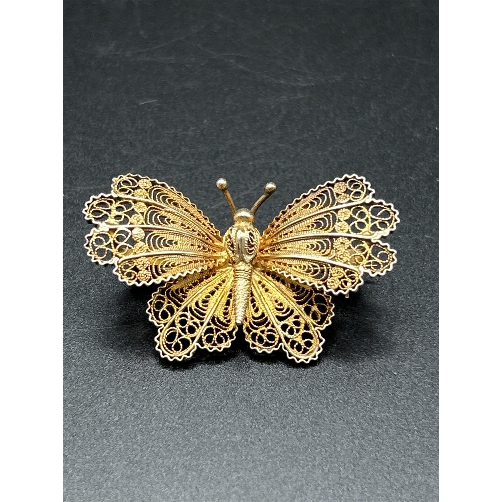 1940s Gold Plated 800 Silver Lace Filigree Winged Butterfly Brooch Vermeil